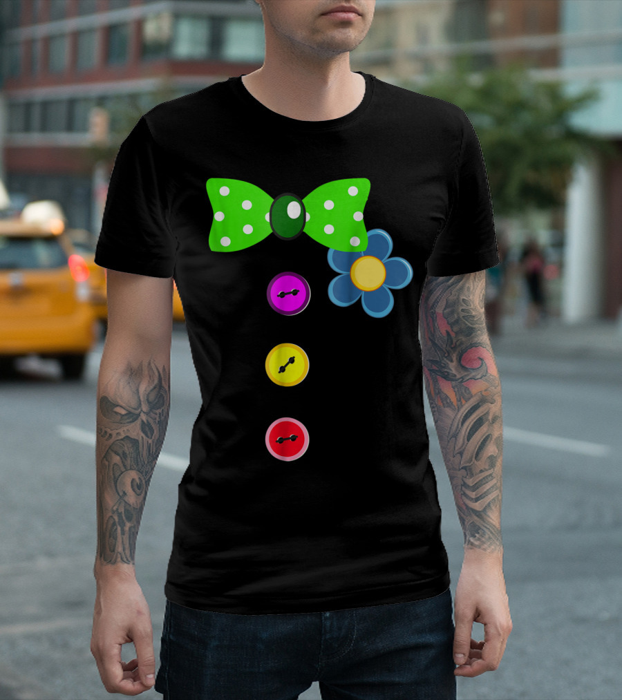 Halloween Clown Tie Costume Green Bowtie Colorful Buttons Flower T-Shirt