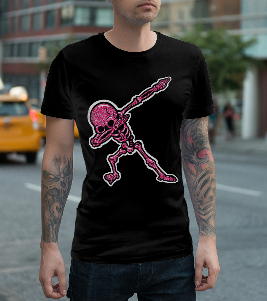 Hot Pink Glitter Dabbing Skeleton Halloween Hip Hop Dab T-Shirt