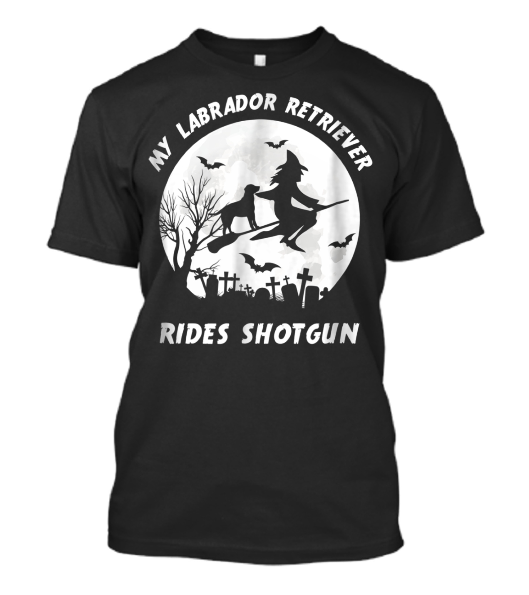 Halloween Witch Silhouette Labrador Retriever My Rides Shotgun Moon Bats T-Shirt