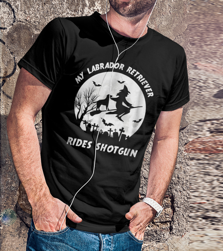 Halloween Witch Silhouette Labrador Retriever My Rides Shotgun Moon Bats T-Shirt