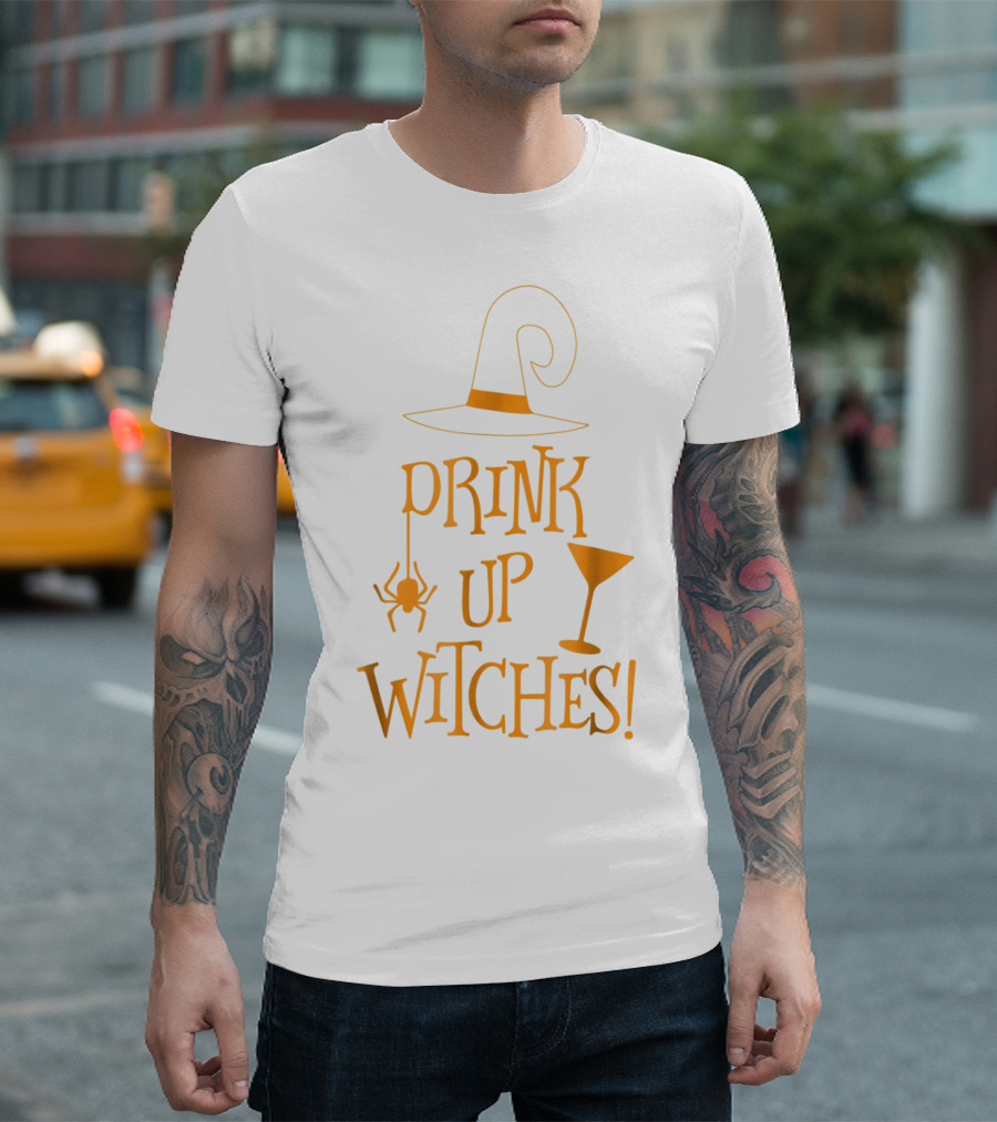 Drink Up Witches Halloween Hat Glass Spider T-Shirt