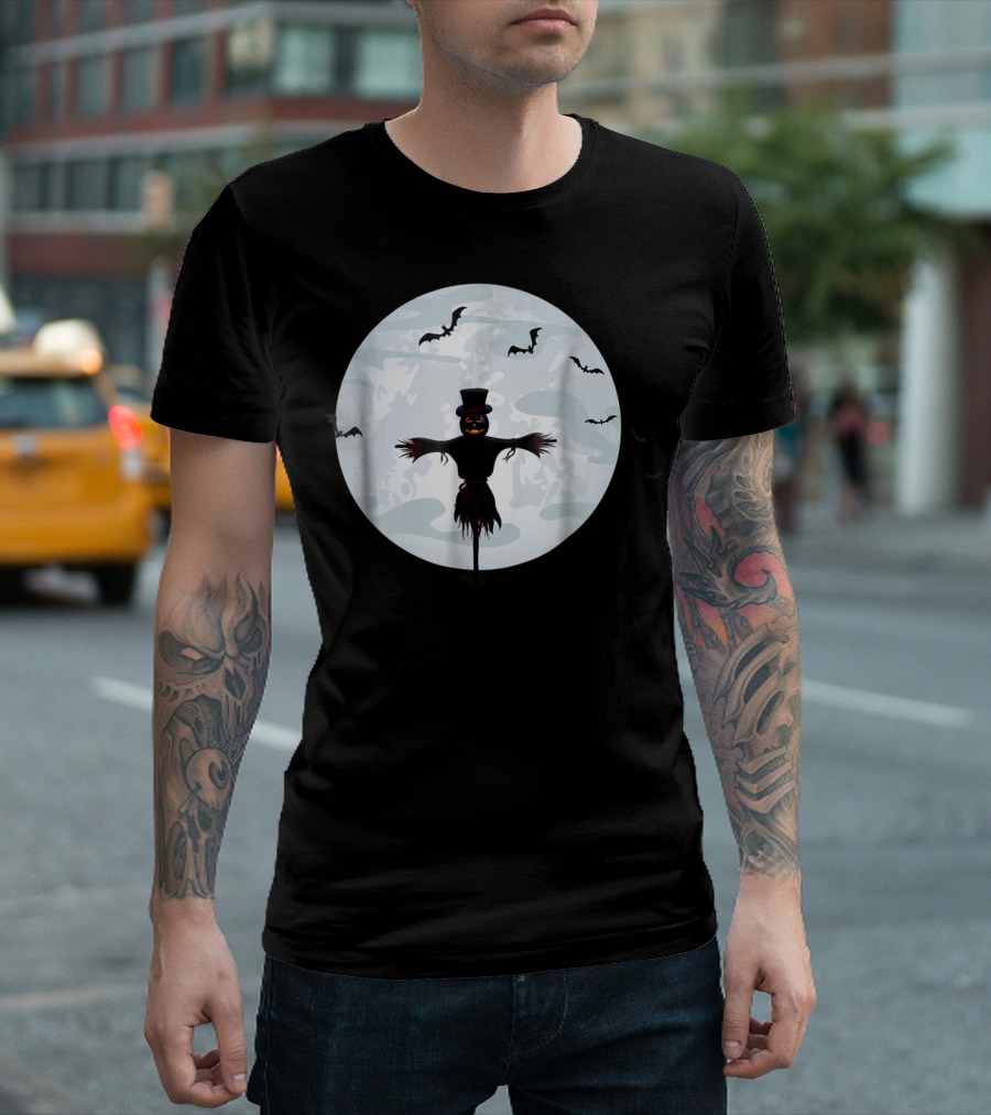 Halloween Full Moon Scarecrow with Bats and Clouds T-Shirt