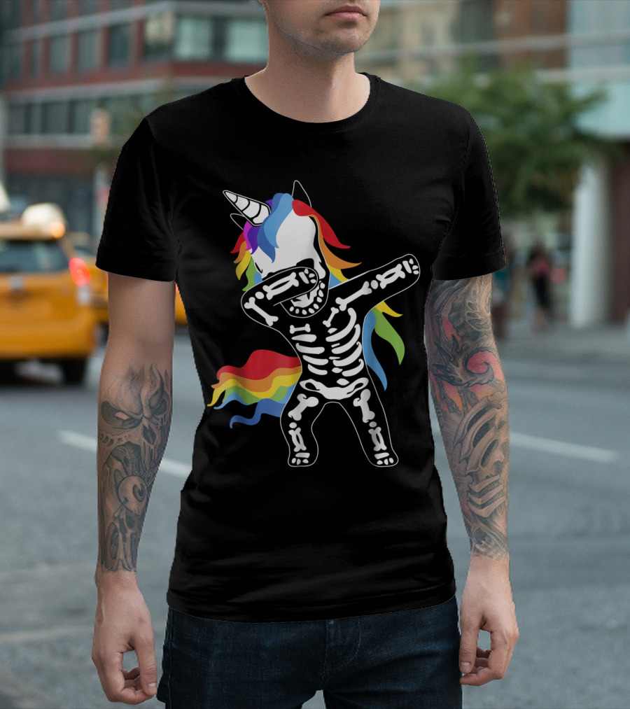 Skeleton Dabbing Unicorn Rainbow Hair Halloween Funny Dab T-Shirt