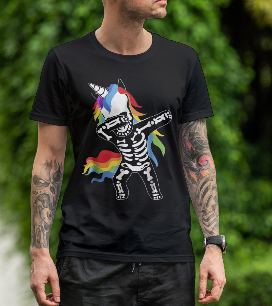 Skeleton Dabbing Unicorn Rainbow Hair Halloween Funny Dab T-Shirt