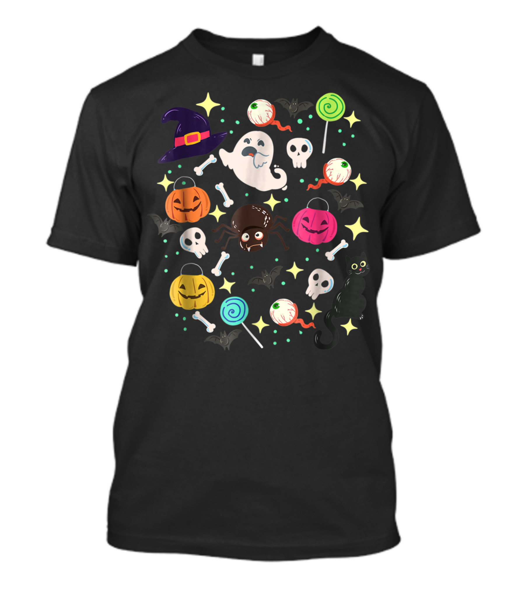 Halloween Pumpkin Cat Ghost Candy Witch Hat Lollipop Spider Skeleton Bones Bats T-Shirt