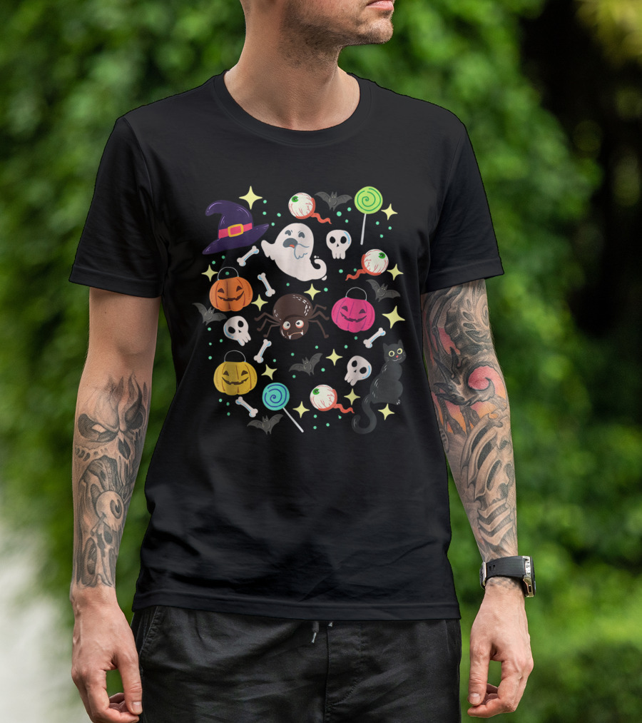 Halloween Pumpkin Cat Ghost Candy Witch Hat Lollipop Spider Skeleton Bones Bats T-Shirt