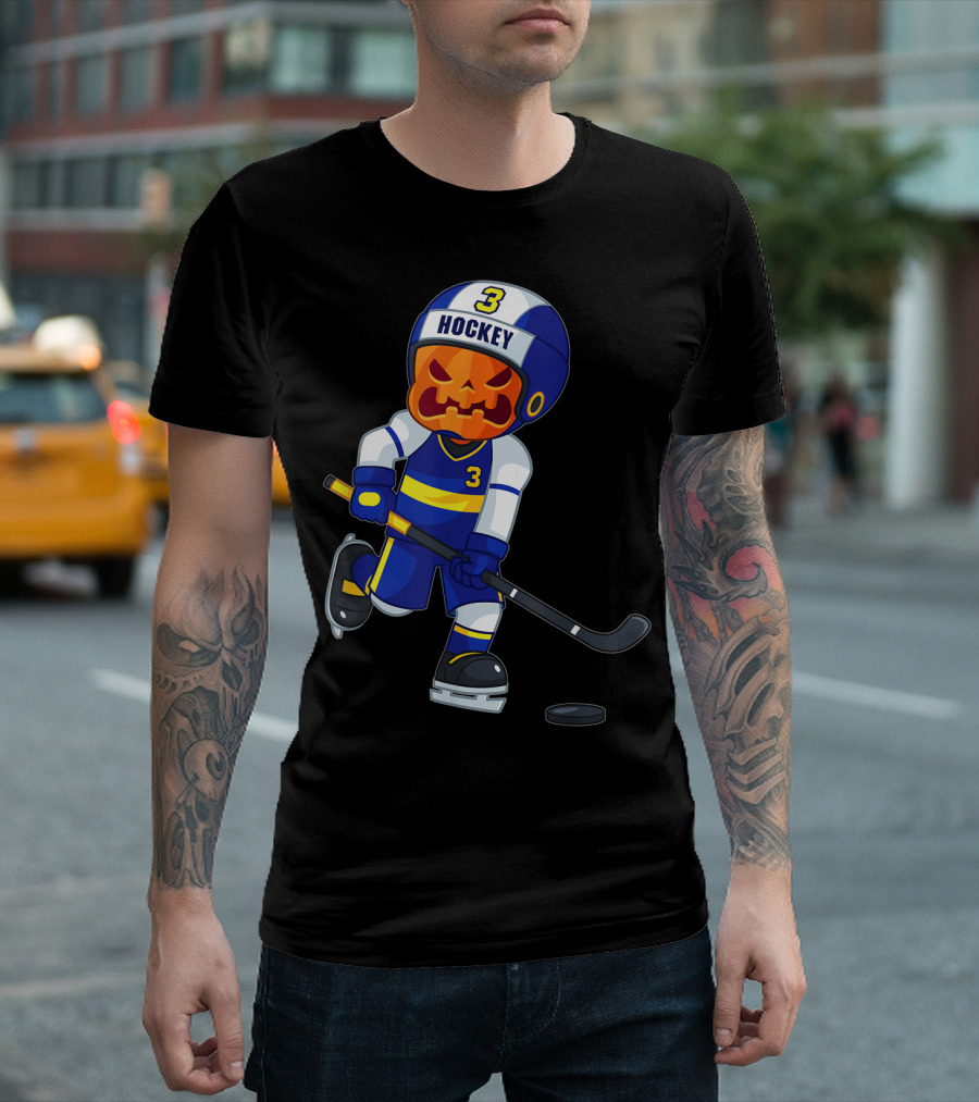Scary Pumpkin Head Ice Hockey Player Halloween T-Shirt