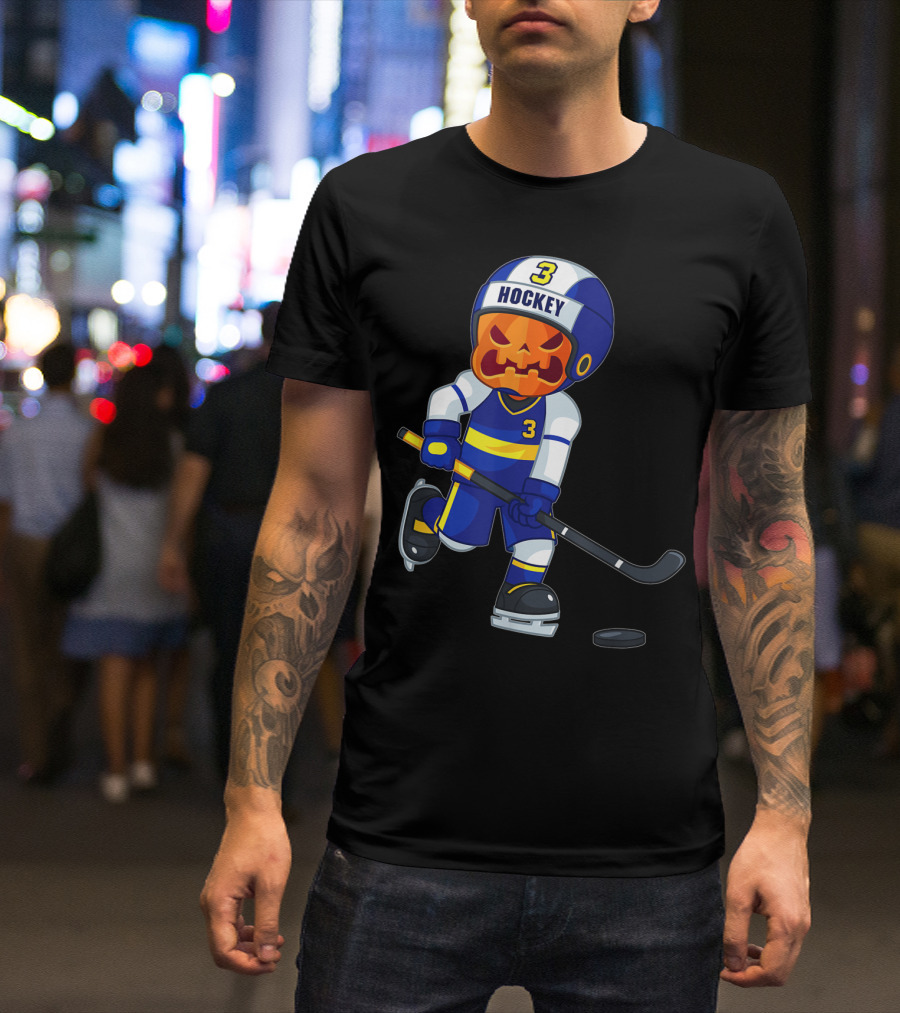 Scary Pumpkin Head Ice Hockey Player Halloween T-Shirt