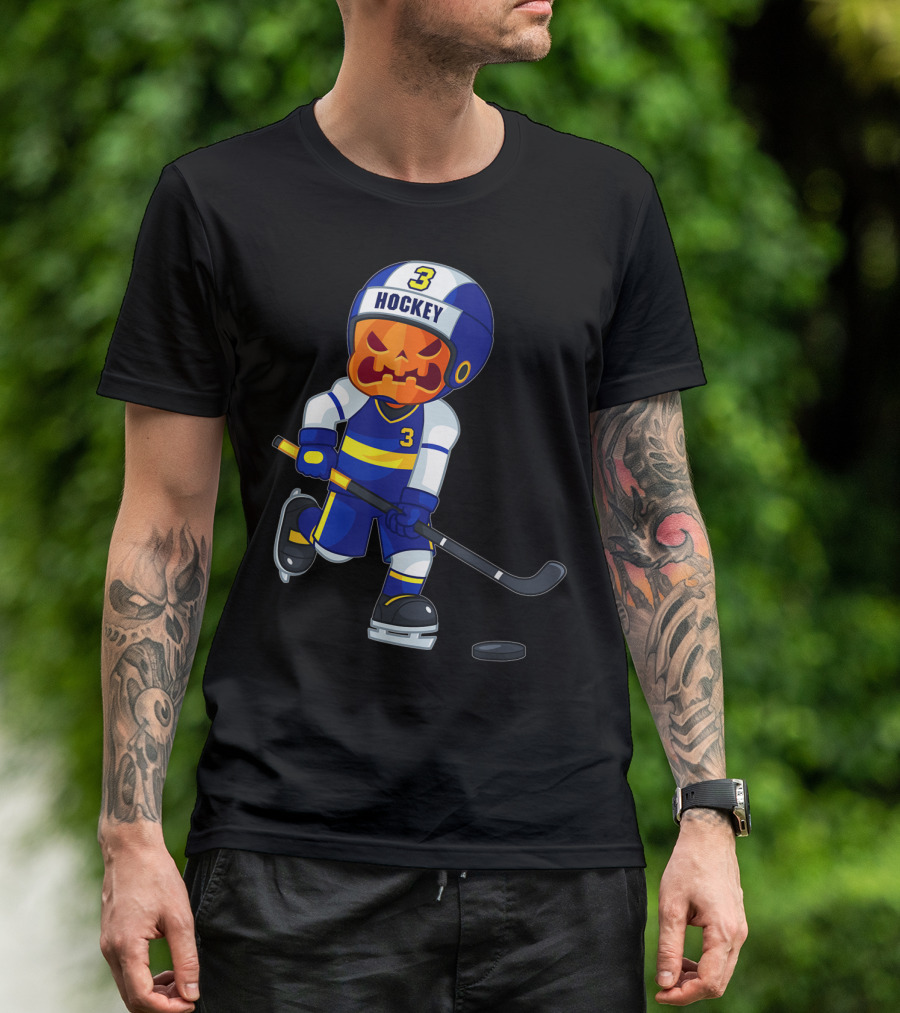 Scary Pumpkin Head Ice Hockey Player Halloween T-Shirt