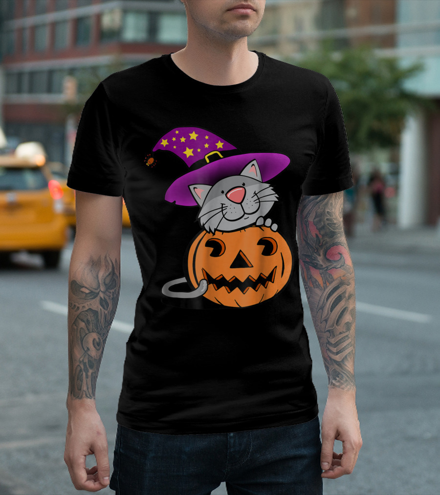 Halloween Kitty Cat in Witch Hat with Pumpkin and Spider T-Shirt