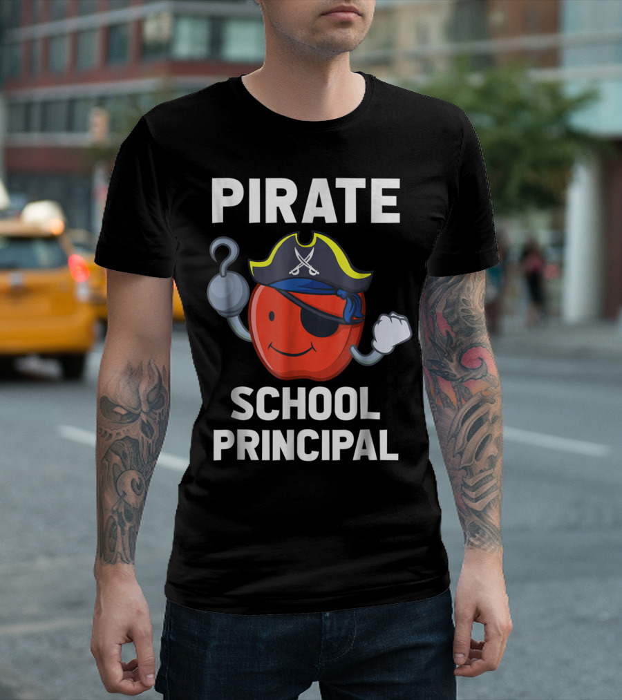 Halloween Pirate School Principal Apple with Hook and Eyepatch T-Shirt
