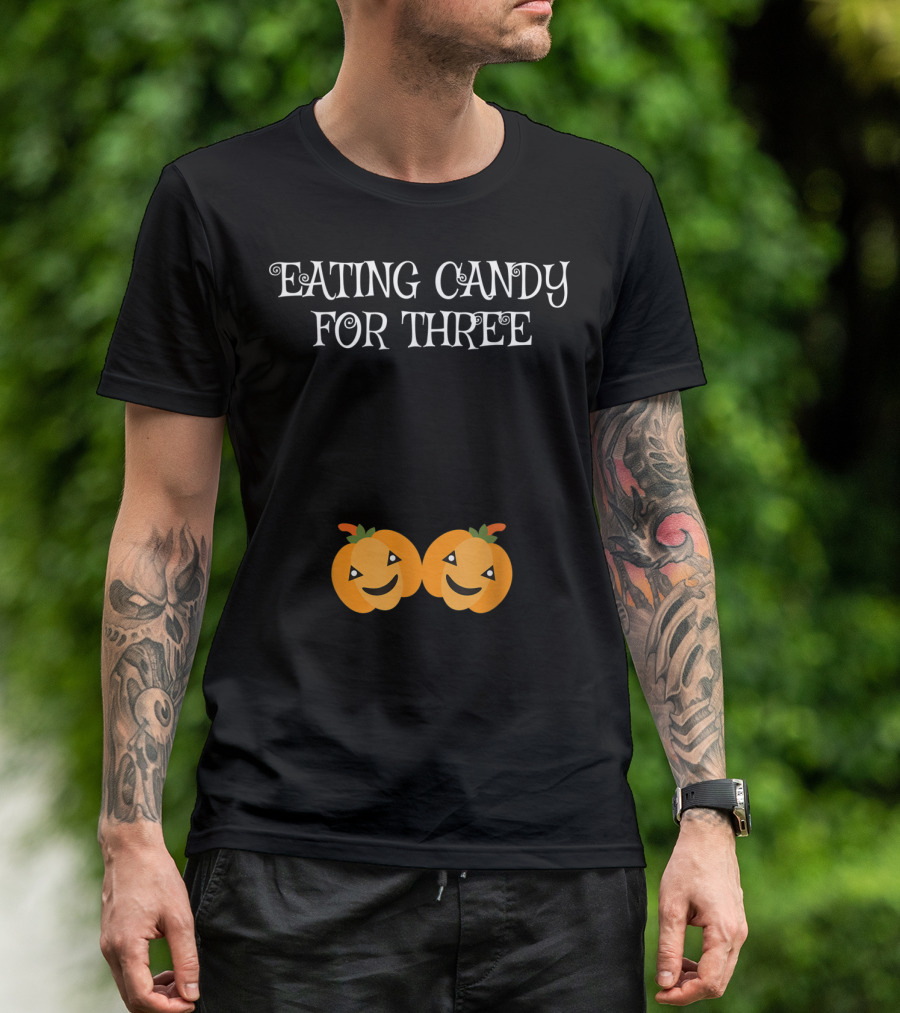 Eating Candy For Three Halloween Pregnancy Announcement Pumpkin Twins T-Shirt