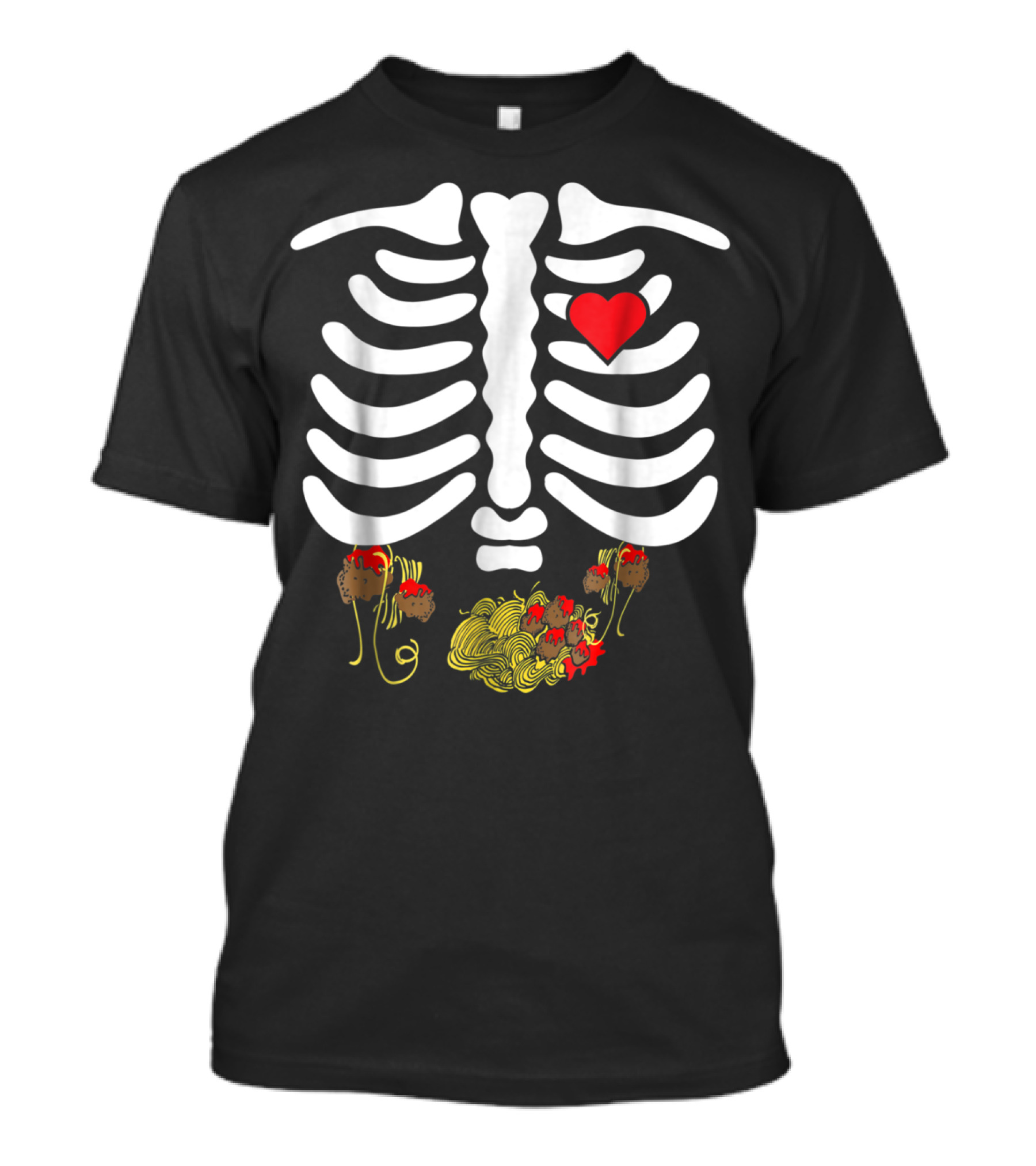 Halloween Skeleton Ribs With Heart And Spaghetti Meatballs Belly T-Shirt