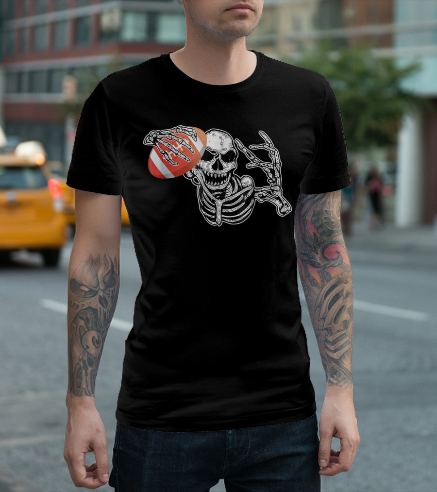 Halloween Skeleton Football Player Skull Hands With Rugby Ball T-Shirt