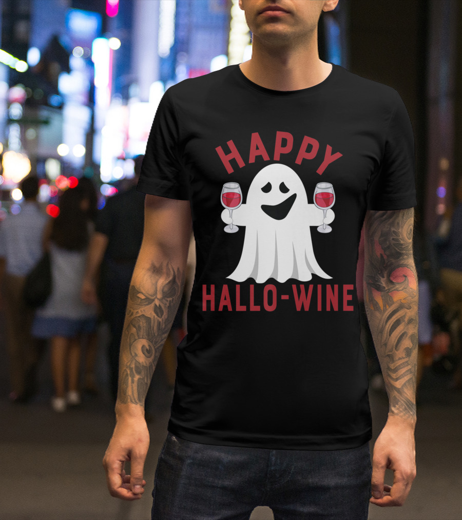 Happy Hallo Wine Halloween Ghost With Wine Glasses T-Shirt