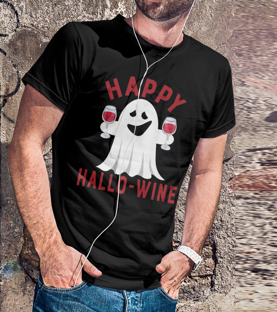 Happy Hallo Wine Halloween Ghost With Wine Glasses T-Shirt
