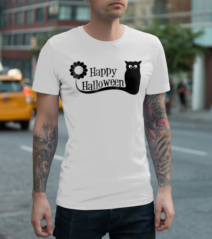 Happy Halloween Black Cat Flower Silhouette Spooky Eyes T-Shirt