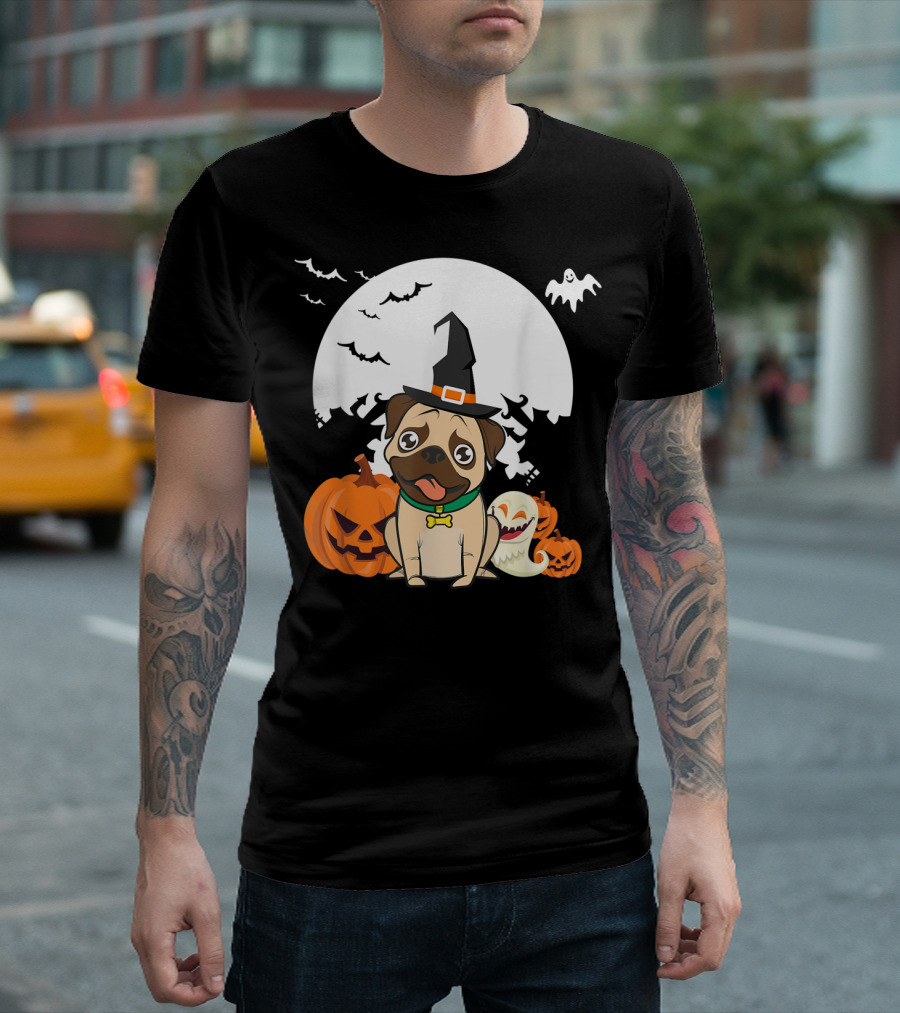 Happy Halloween Little Witch Pug Dog Lovers Pumpkin Ghost Moon T-Shirt