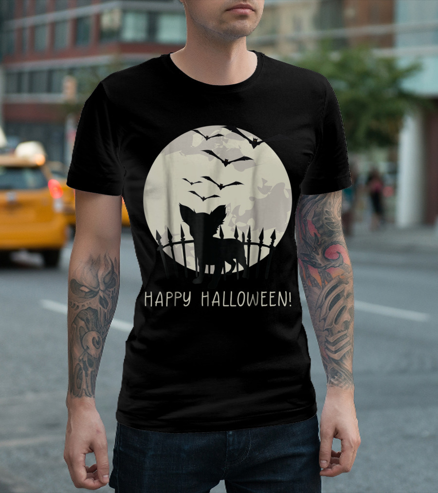 Happy Halloween Chihuahua Silhouette with Full Moon and Bats T-Shirt