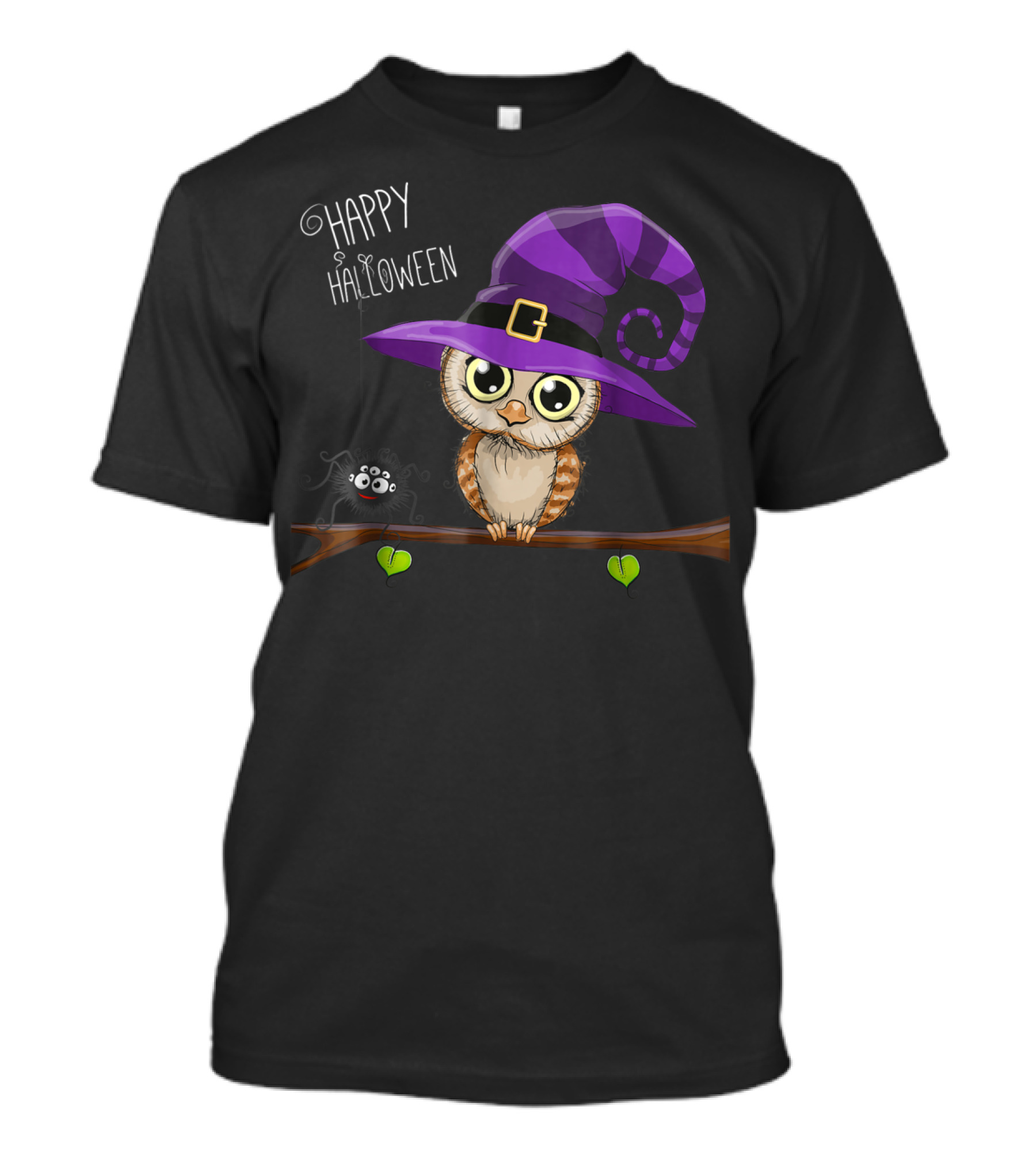 Happy Halloween Cute Baby Owl With Purple Witch Hat And Spider T-Shirt
