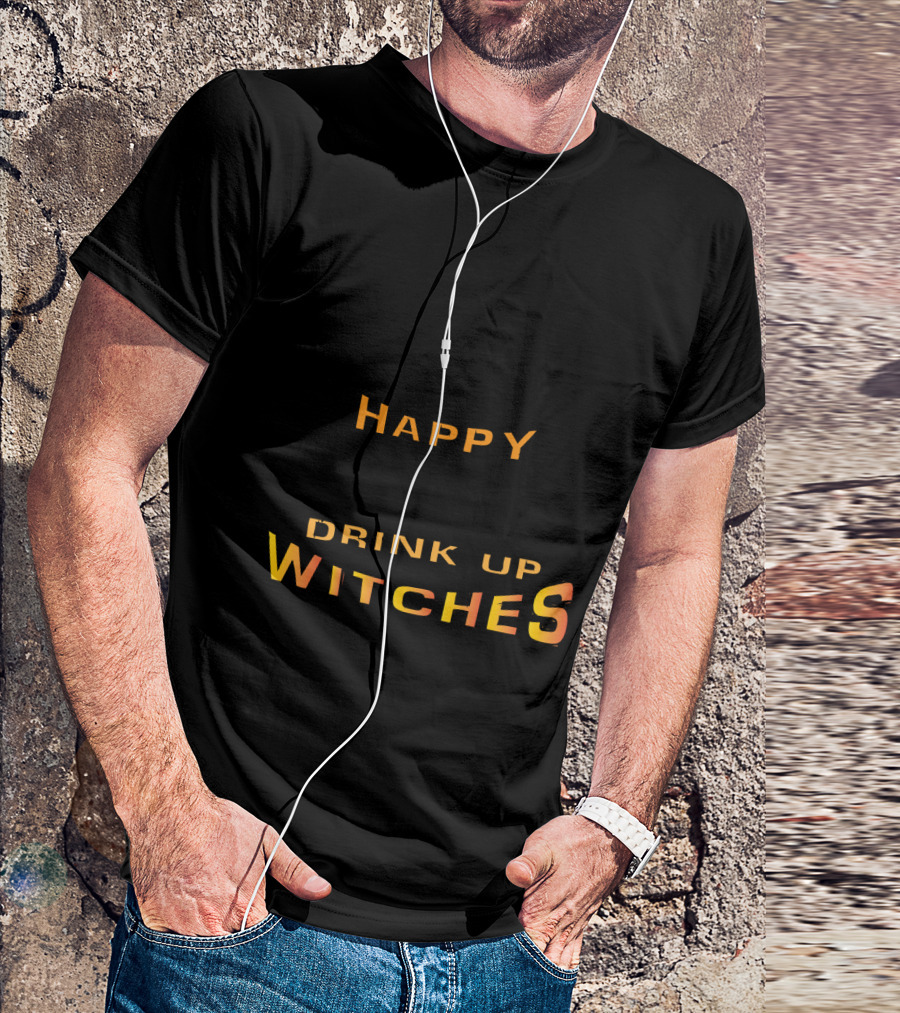 Happy Hallowine Drink Up Witches Cauldron And Broom T-Shirt