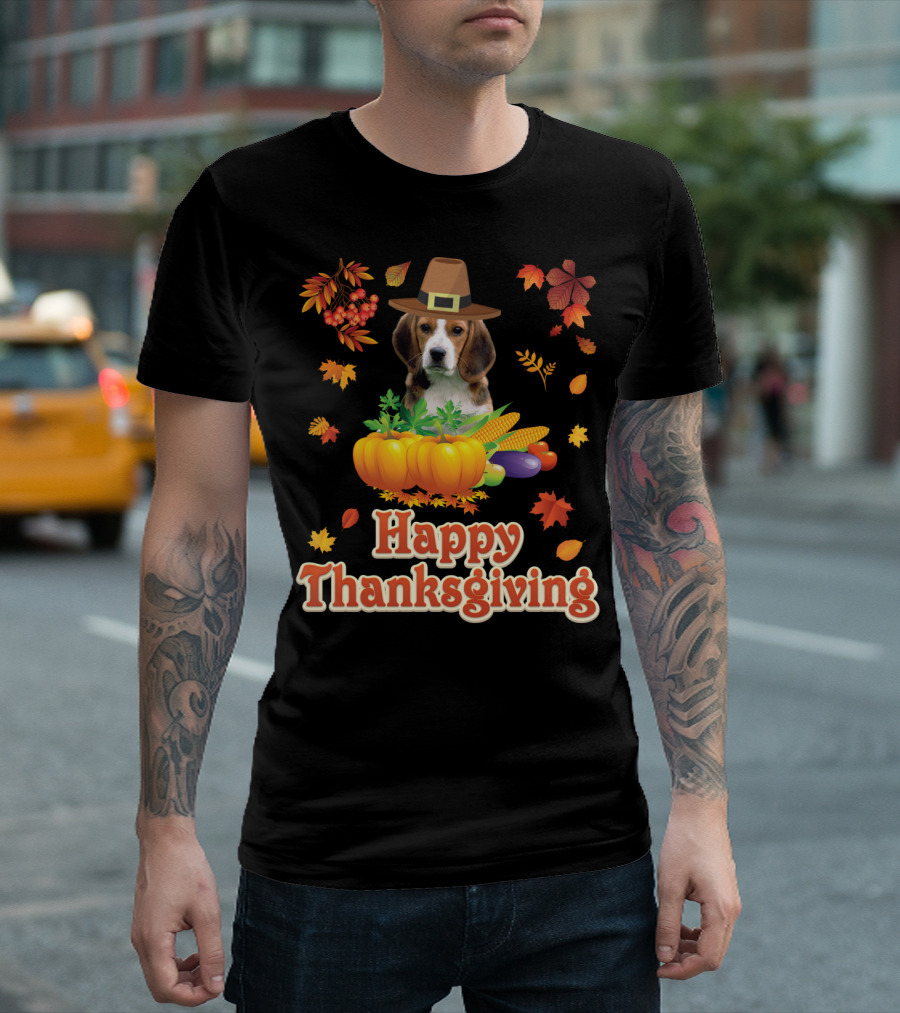Happy Thanksgiving Beagle Dog with Harvest Festival Hat and Pumpkins T-Shirt
