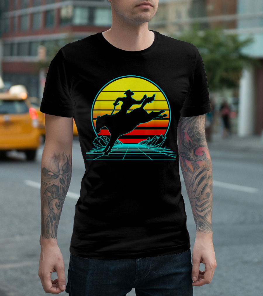 Retro Cowboy Sunrise Vaporwave Rodeo T-Shirt