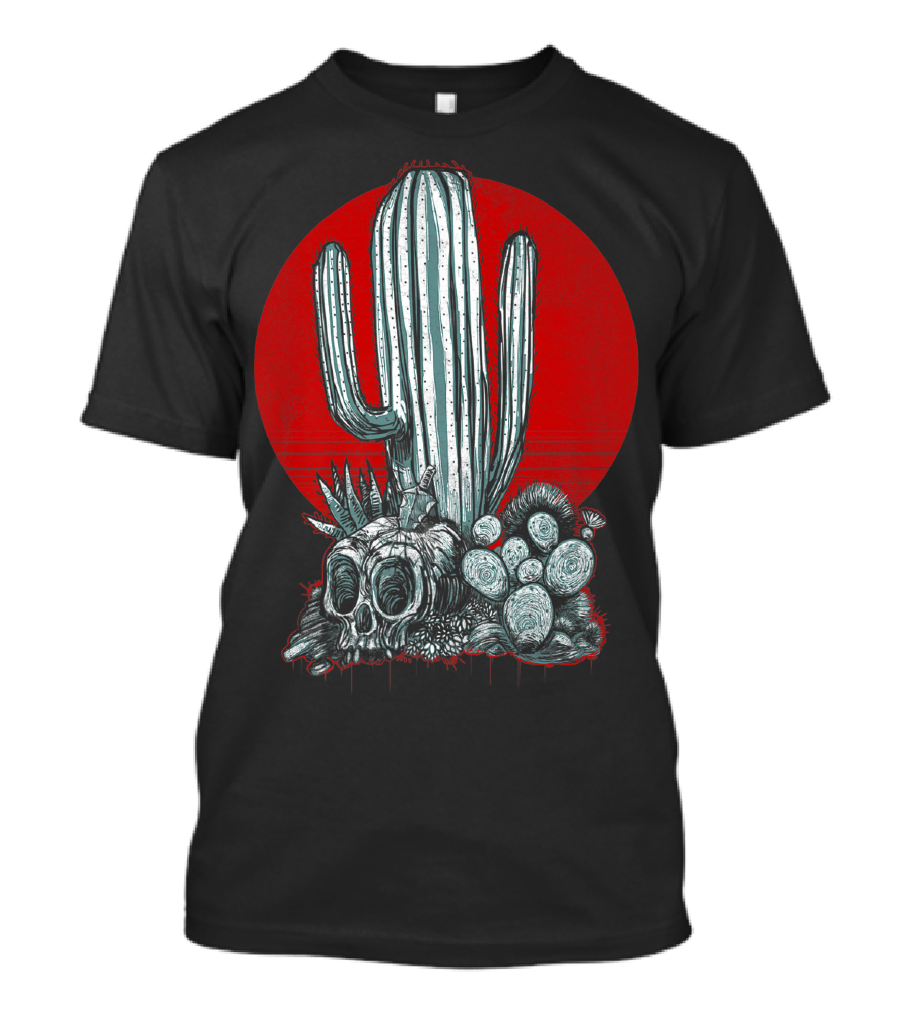 Skull And Cactus With Red Sunset Background T-Shirt