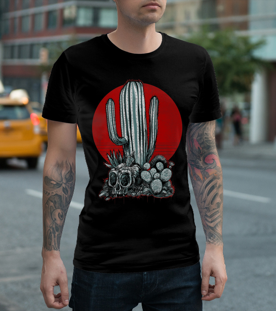 Skull And Cactus With Red Sunset Background T-Shirt