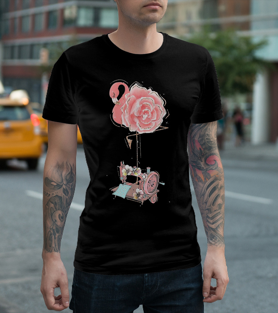 Flamingo Rose Sewing Machine Quilting T-Shirt