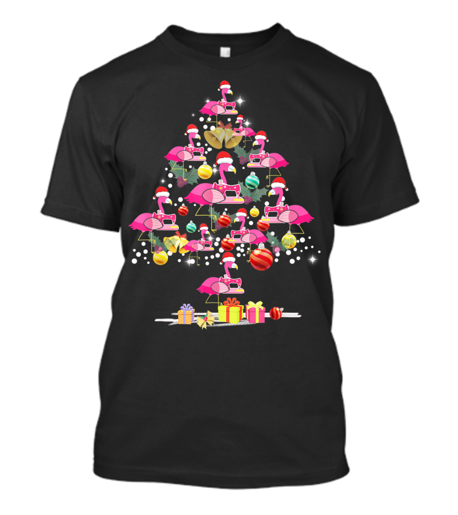 Merry Christmas Flamingo Quilting Tree With Santa Hats And Gifts T-Shirt