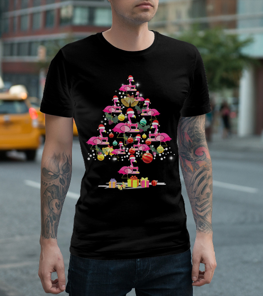 Merry Christmas Flamingo Quilting Tree With Santa Hats And Gifts T-Shirt