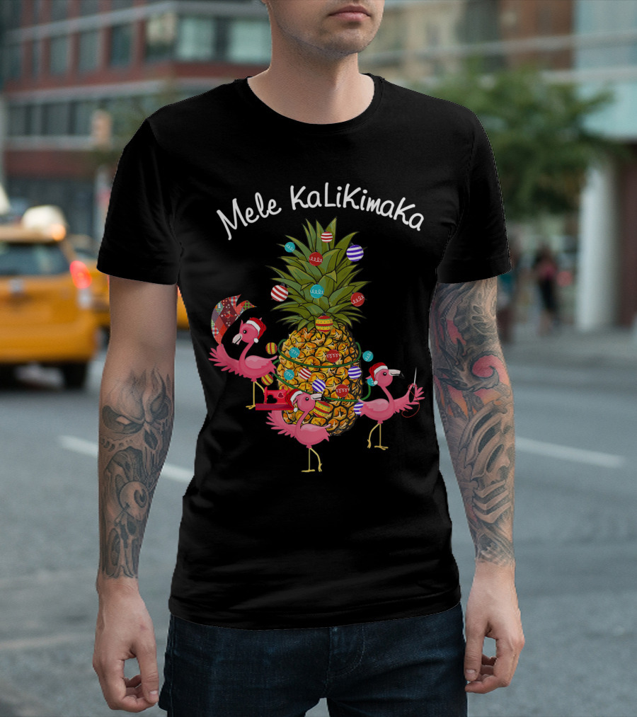 Mele Kalikimaka Flamingos Christmas Pineapple T-Shirt