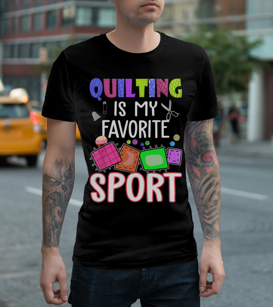 Quilting Is My Favorite Sport With Sewing Icons And Colorful Quilt Blocks T-Shirt