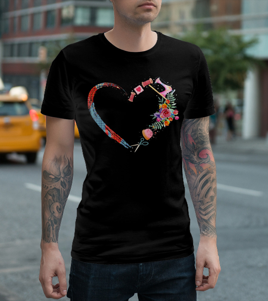 Quilting Sewing Heart With Thread Flowers And Scissors T-Shirt