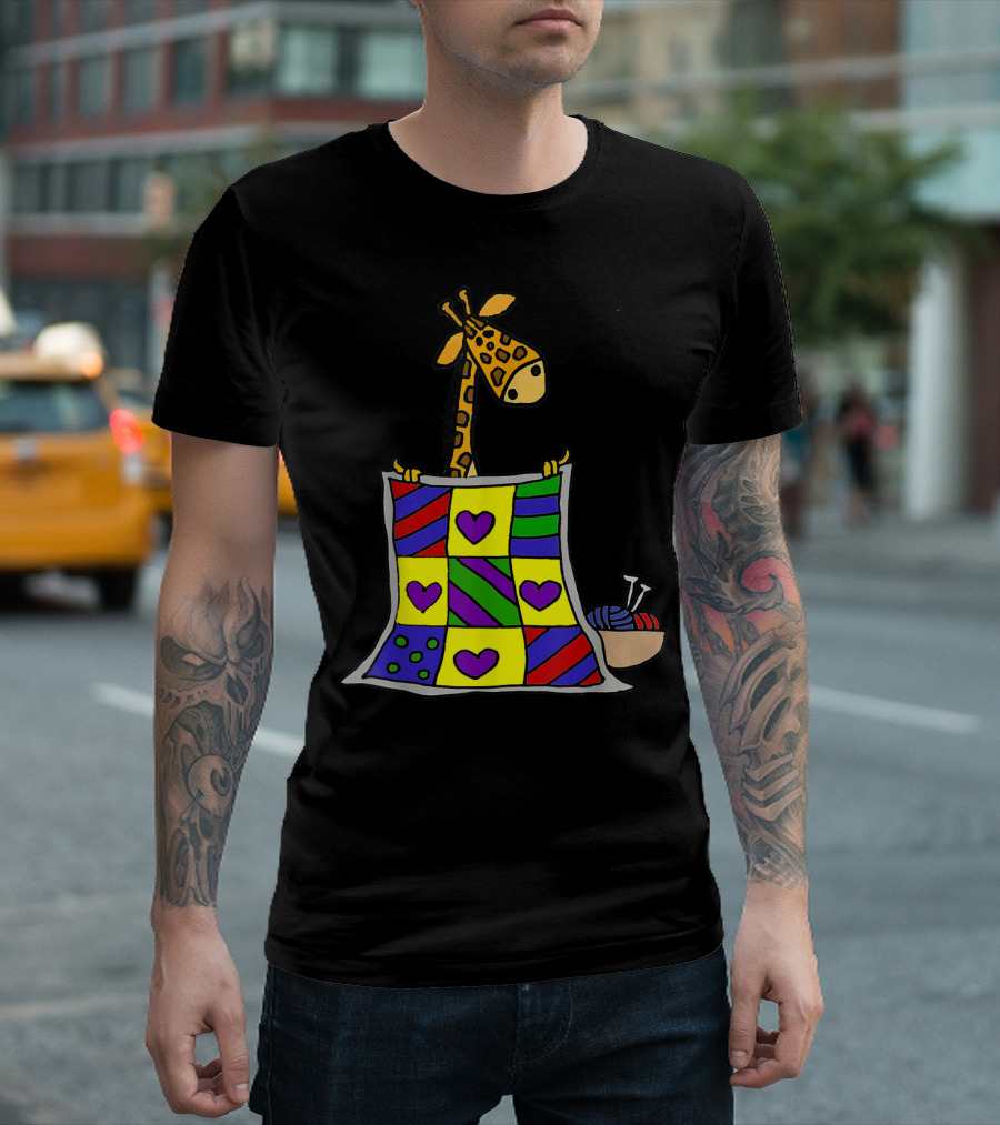 Smileshoba Giraffe With Colorful Heart Quilt And Knitting Yarn T-Shirt
