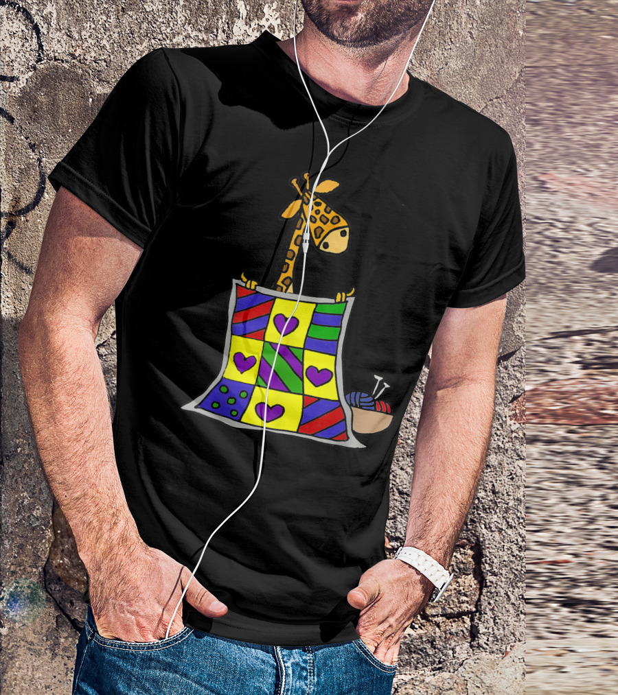 Smileshoba Giraffe With Colorful Heart Quilt And Knitting Yarn T-Shirt
