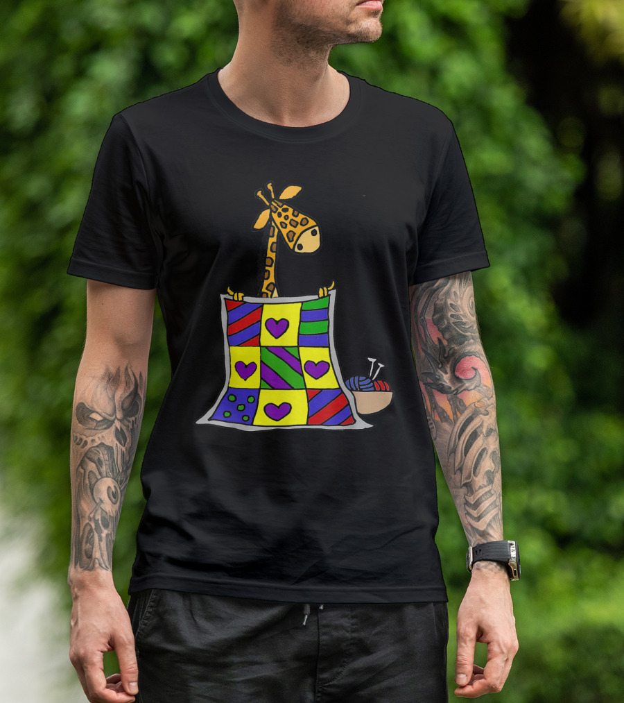 Smileshoba Giraffe With Colorful Heart Quilt And Knitting Yarn T-Shirt