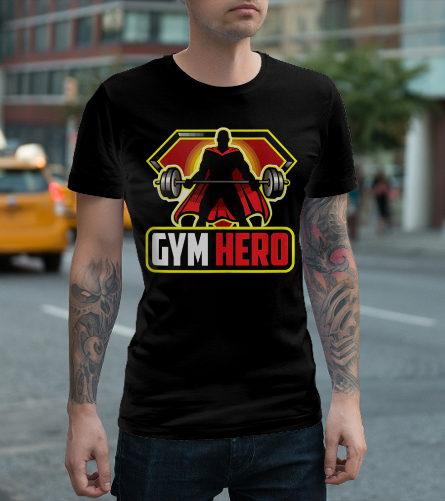 GYM HERO Super Strength Silhouette With Cape And Barbell T-Shirt