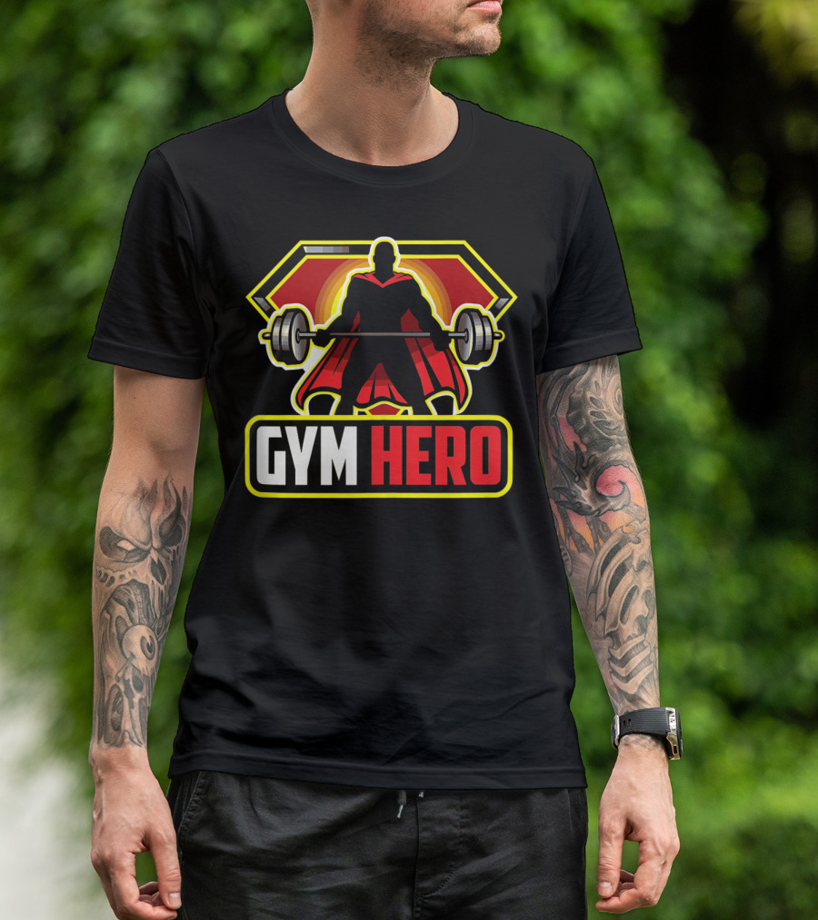 GYM HERO Super Strength Silhouette With Cape And Barbell T-Shirt
