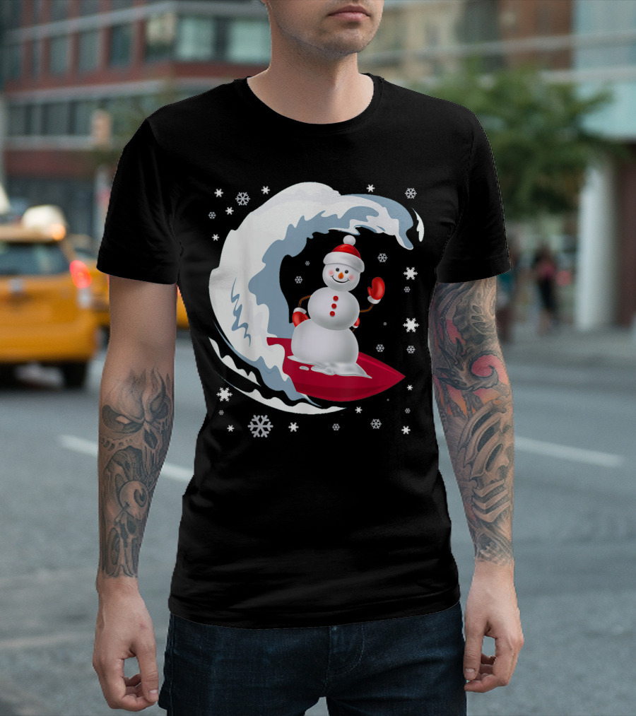 Happy Surfer Snowman Riding Festive Winter Waves Snowflakes T-Shirt
