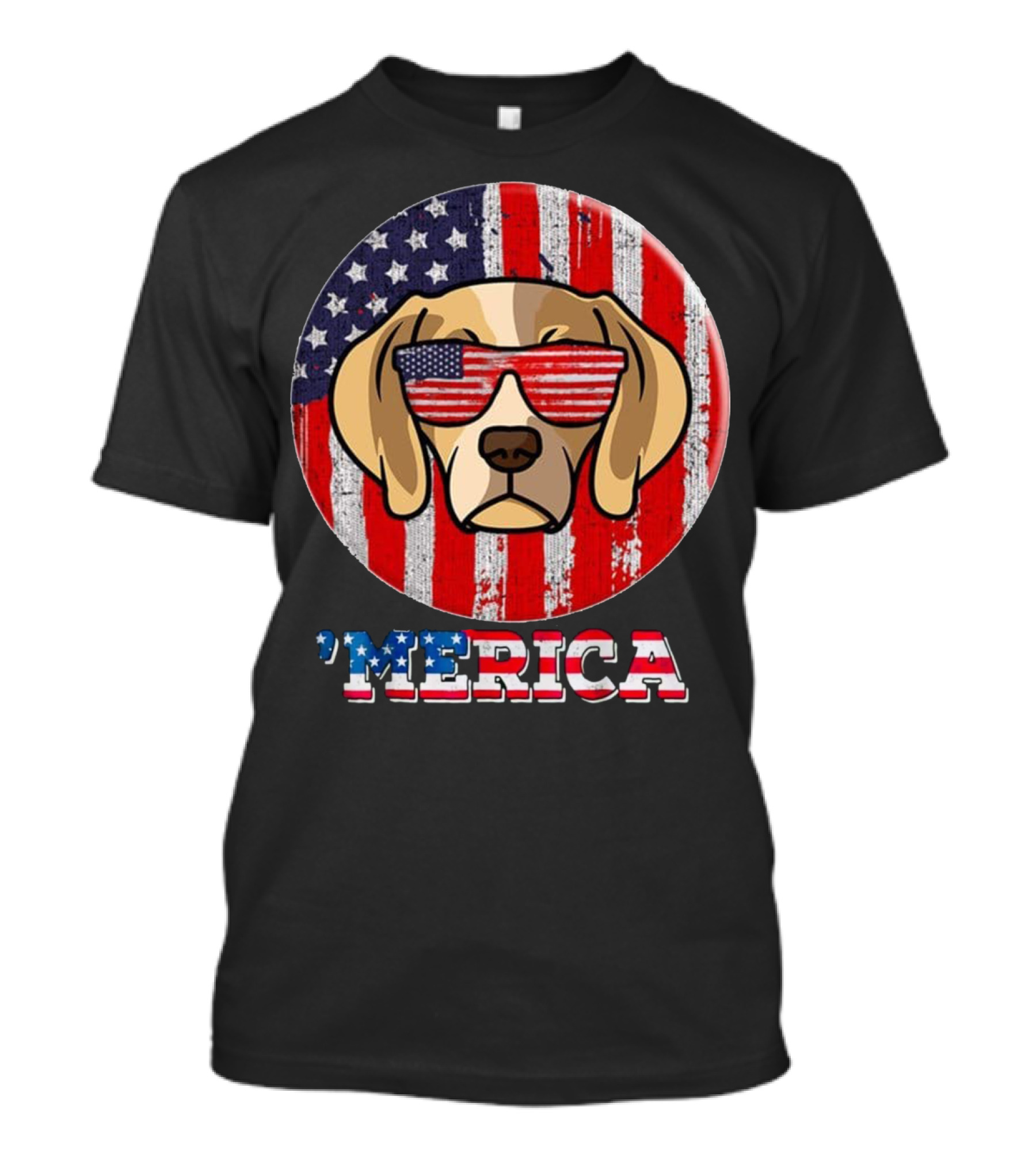 I Love America 'Merica Dog With American Flag Sunglasses And Stars And Stripes Background T-Shirt