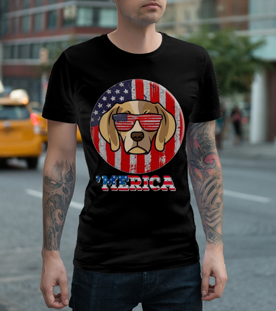 I Love America 'Merica Dog With American Flag Sunglasses And Stars And Stripes Background T-Shirt