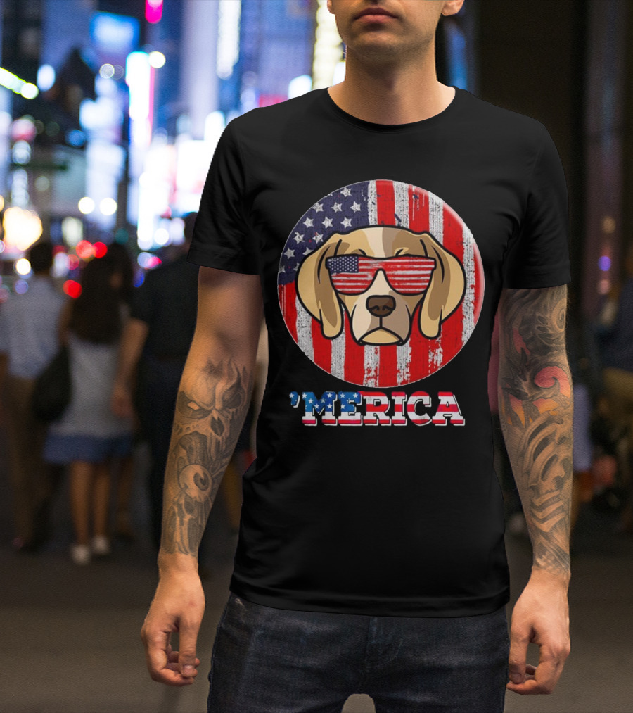 I Love America 'Merica Dog With American Flag Sunglasses And Stars And Stripes Background T-Shirt