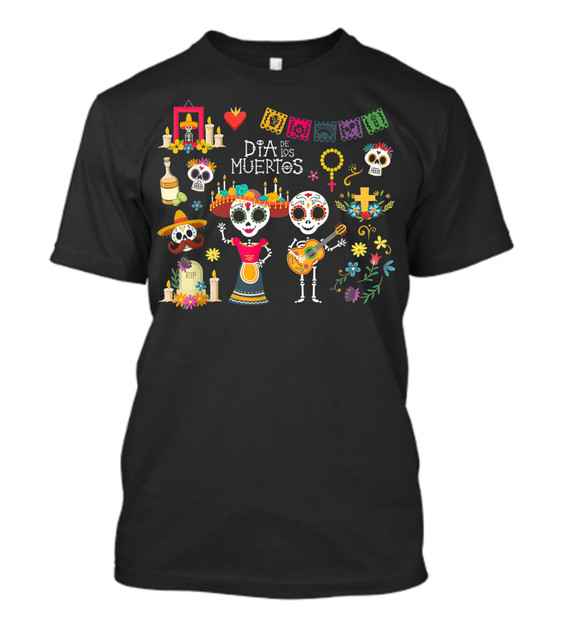 Dia De Los Muertos Skeletons Celebrating With Music And Flowers T-Shirt