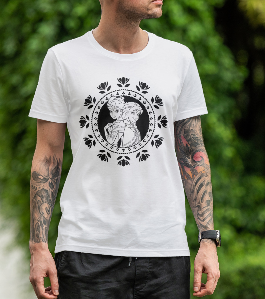Disney Frozen Anna Elsa Mandala Style Iconic Character Circle T-Shirt
