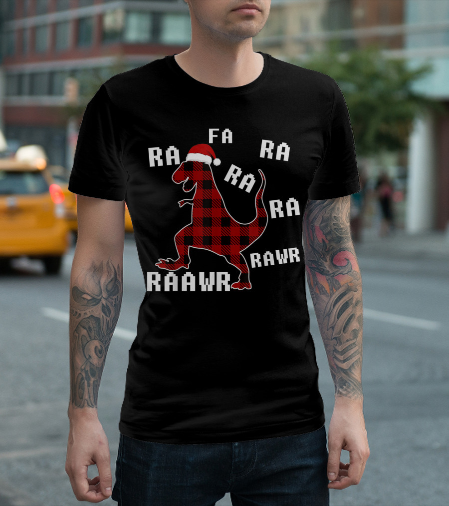 Fa Ra Ra Ra Rawr Christmas T-Rex Santa Hat Plaid T-Shirt