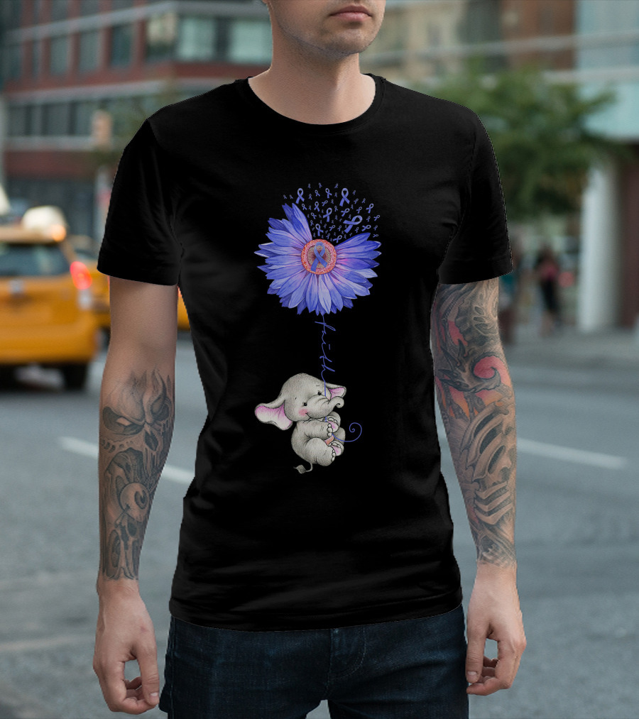 Faith Hope Purple Ribbon Elephant Holding Blue Sunflower T-Shirt