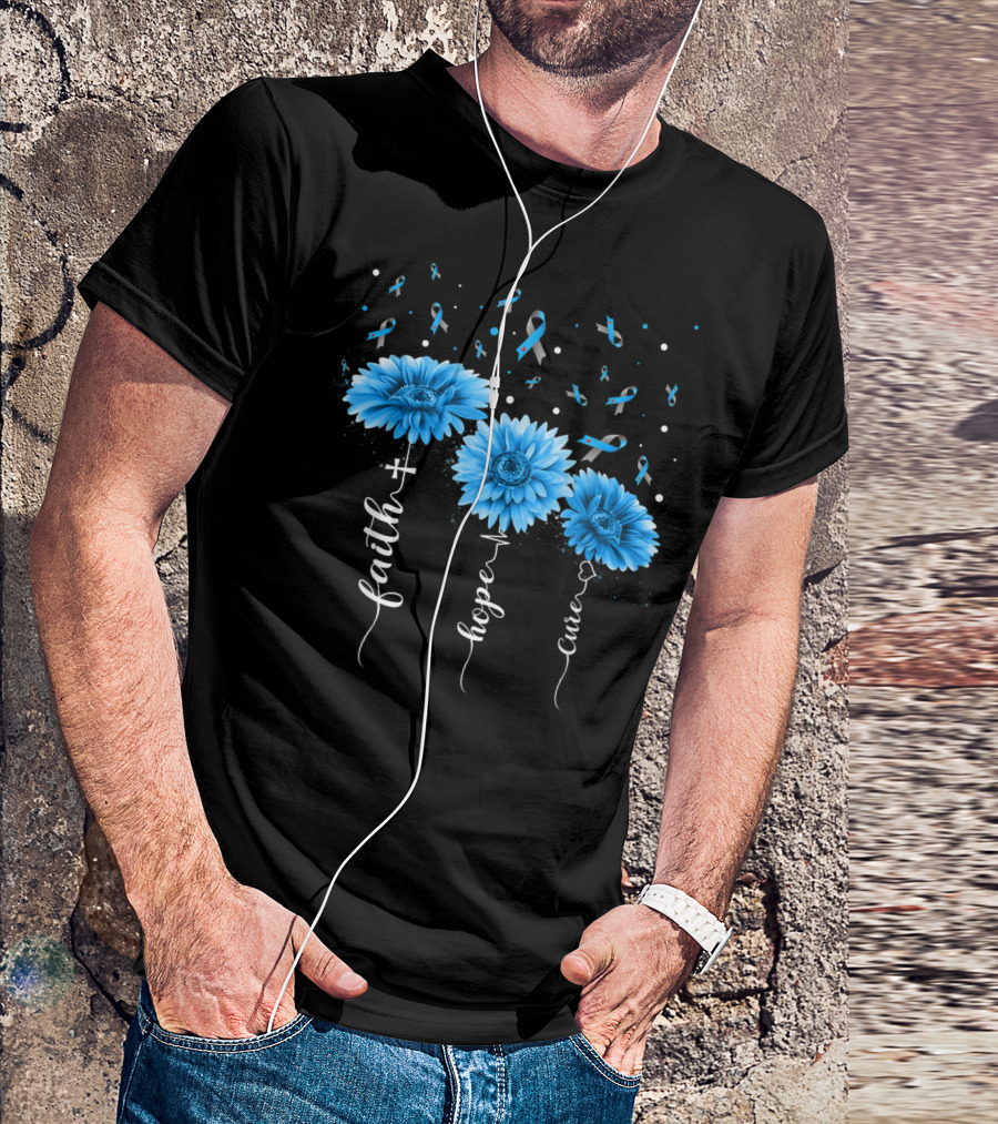 Faith Hope Cure Type 1 Diabetes Blue Sunflower Awareness T-Shirt