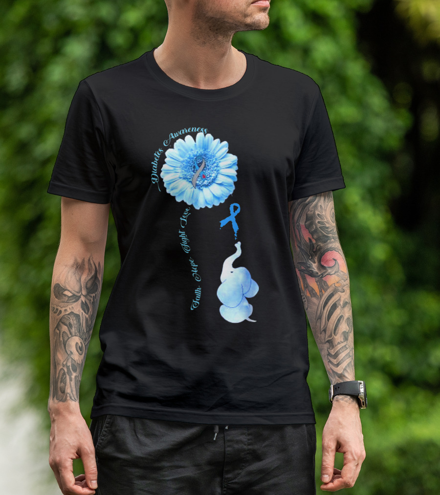 Diabetes Awareness Faith Hope Fight Love Elephant Sunflower T-Shirt